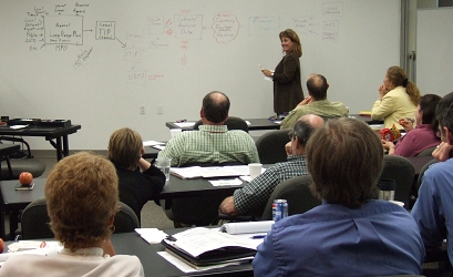 A photo taken during a workshop in which participants discuss and develop a flow chart of processes for transportation and conservation planning and next steps for the use of methods, data, and advancements in bringing processes together. Students are shown sitting at tables listening to the instructor. A flow chart is written on a white board behind her.  
