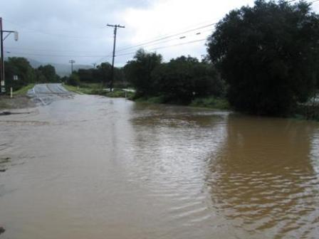 Photo of flooding at SR-74 emergency slope and culvert repair project, Orange County, 12-2010. (Photo by Caltrans D12 Maintenance and Engineering Department.)