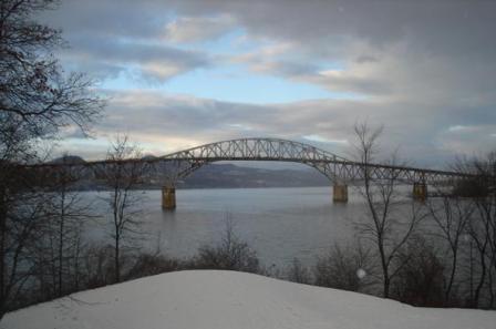 The Crown Point Bridge over Lake Champlain, before emergency declaration and subsequent demolition. 