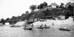 This photo shows shell mounds on the banks of the Mississippi River in the 1900s.