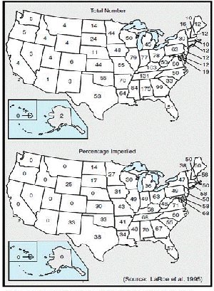 These two maps show the species occurrence of freshwater mussels. The top map shows the number of freshwater mussel species by State. The bottom map shows the percentage of imperiled freshwater mussel species by State.