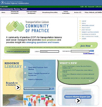 Screenshot of the Transportation Liaison Community of Practice Website on FHWA’s Environmental Streamlining Toolkit