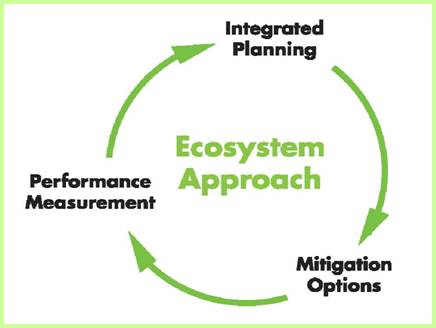 Caption: Eco-Logical uses an ecosystem approach within an ongoing cycle of integrated planning, mitigation options, and performance measurement leading back to integrated planning within the Eco-Logical cycle. Image shows a the Ecosystem Approach cycle represented by  a circle of arrows where the concept of Integrated planning leads to Mitigation Options, which leads to Performance  Measurement which leads back to Integrated Planning and the cycle continues. 