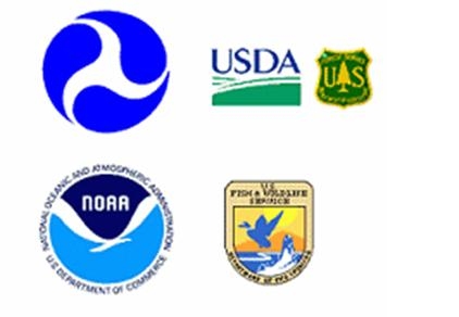 The Eco-Logical initiative and guide was developed by a multi-agency Steering Team of 8 federal agencies and 2 state departments of transportation as listed in this article*.  Federal agency logos above include:  U.S. Forest Service, U.S. Dept. of Agriculture; Federal Highway Administration, U.S. Dept. of Transportation; Bureau of Land Management, U.S. Dept. of Interior; U.S. Dept. of the Army; U.S. Fish and Wildlife Service, Dept. of Interior; National Park Service, Dept. of Interior; Office of Federal Activities, U.S. Environmental Protection Agency; Office of Wetlands, Oceans, and Watersheds, U.S. Environmental Protection Agency; and National Marine Fisheries Service, National Oceanic and Atmospheric Administration.