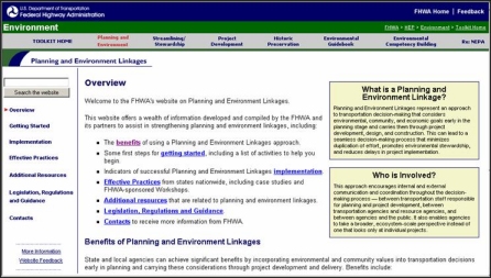 A screen capture of the New Planning and Environment Linkages website.