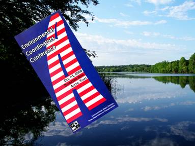 Photo of the Texas Department of Transportation Environmental Coordinators Conference brochure against a scenic background of a lake