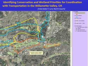 A screenshot of a Geo-Spatial GIS analysis. Geo-Spatial GIS analysis supports coordination of priorities by integrating conservation areas with “Conservation Opportunity Areas” identified in Oregon's wildlife action plan (entitled: Oregon Conservation Strategy) along with other statewide, regional, and local conservation priorities; as shown within this integrated map. (Source: Oregon Eco-Logical Project)