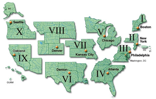 Map of the U.S. broken out by FEMA Region.