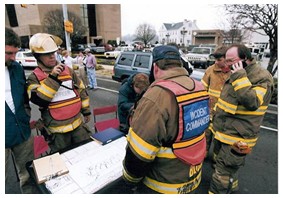 Photo of a group of responders in an urban area surrounding a table with documents spread out on it. Two responders near another wearing a vest labeled 'Incident Commander' are communicating over walkie talkie.