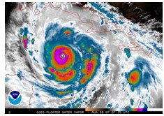 Satellite infrared image of a hurricane located between Cuba and Mexico's Yucatan Peninsula.