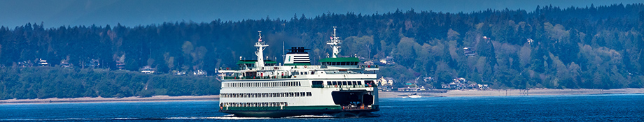 Ferry boat in ocean near shore with trees.