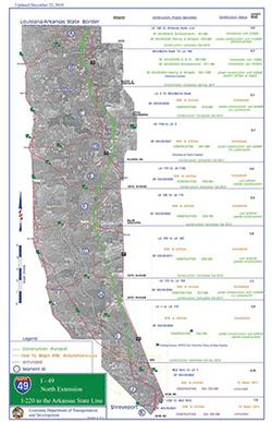 Map of the I-49 corridor showing the status of construction projects to improve 36.25 miles with 11 projects.