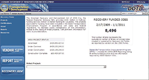Screen from the Louisiana Department of Transportation and Development Web site showing the status of construction projects using funds from the American Recovery and Reinvestment Act.