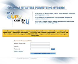 Web site portal were users log into the Georgia Utility Permitting System.