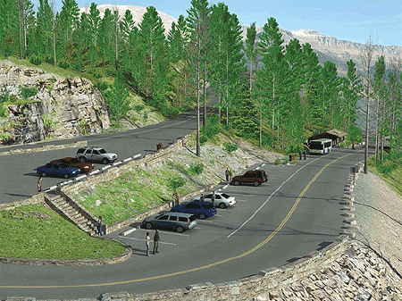 A highly detailed 3-D model was produced for The Loop area of the Going-to- the-Sun Road. The model was used to evaluate transit stop designs, parking, and pedestrian circulation improvements. Varying numbers of cars and people can be placed in the model to demonstrate safety issues with pedestrian visibility in parking areas during busy usage times. 