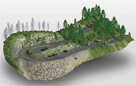 An interactive 3-D model of The Loop area, shown here with proposed improvements to the parking and the transit stop. The model was produced with a high level of detail and uses game engine technology for interactive navigation and the ability to switch between existing and future components.