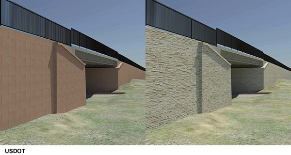 These computer renderings of a Utah highway overcrossing illustrate how visualization can show different materials used on structure walls. This capability is useful in pursuing context sensitive solutions and obtaining feedback from the public.